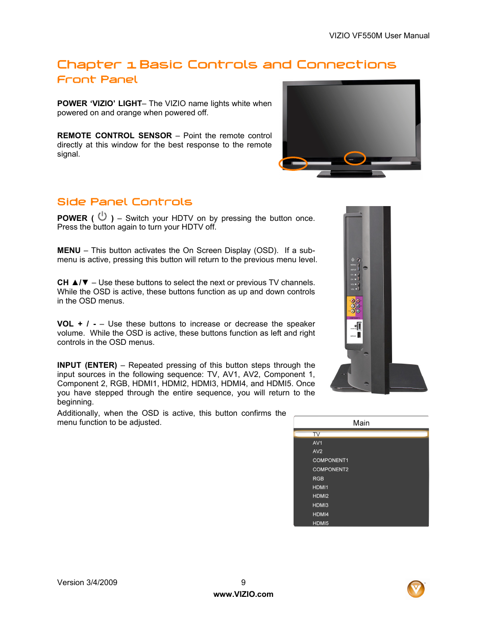 Chapter 1 basic controls and connections, Front panel, Side panel controls | Zanussi VF550M User Manual | Page 9 / 57