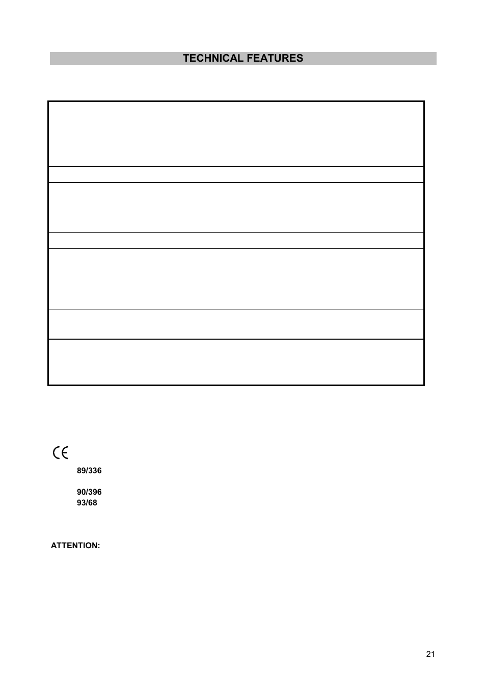 Technical features | Zanussi ZCM930X User Manual | Page 21 / 32