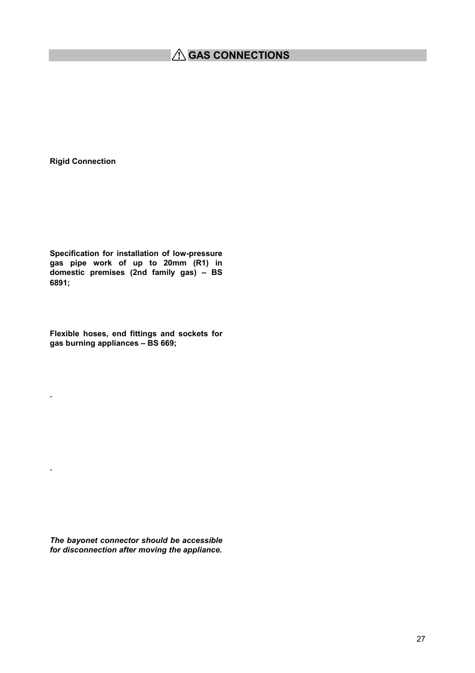 Gas connections | Zanussi ZCM930X User Manual | Page 27 / 32