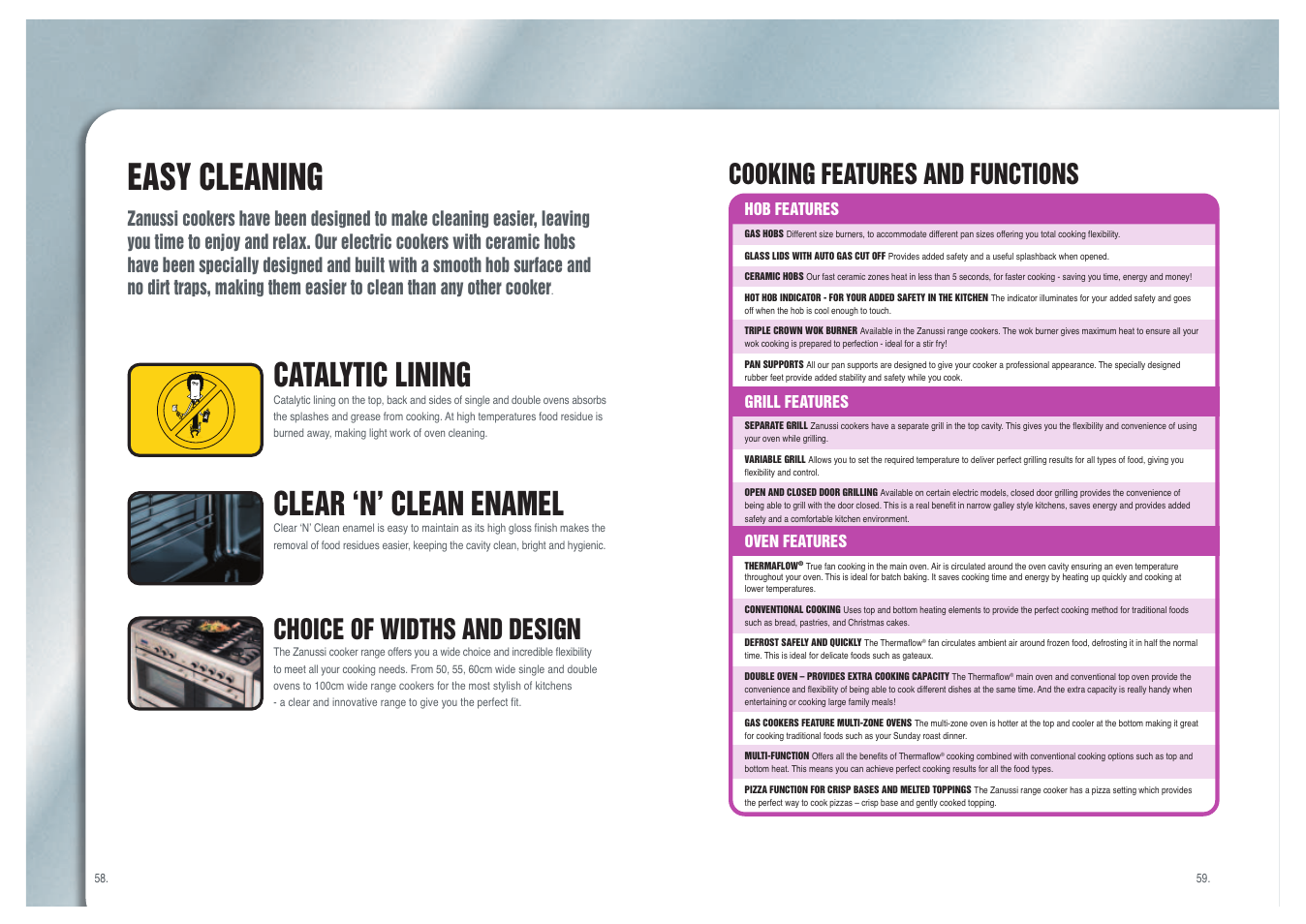 Easy cleaning, Catalytic lining, Clear ‘n’ clean enamel | Zanussi Range Cookers User Manual | Page 2 / 9