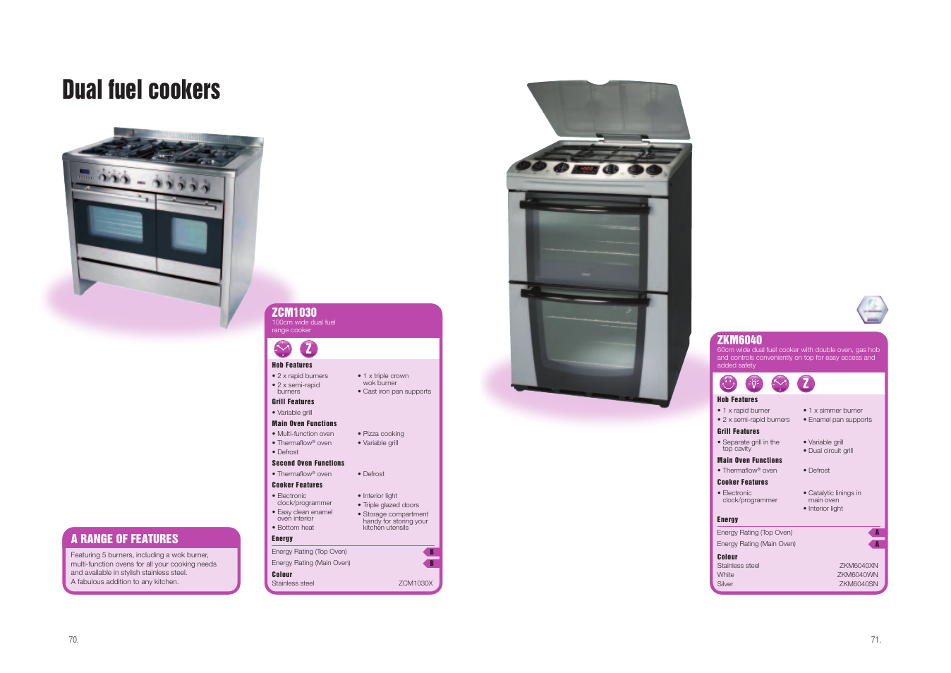 Dual fuel cookers, Zcm1030, A range of features zkm6040 | Zanussi Range Cookers User Manual | Page 8 / 9