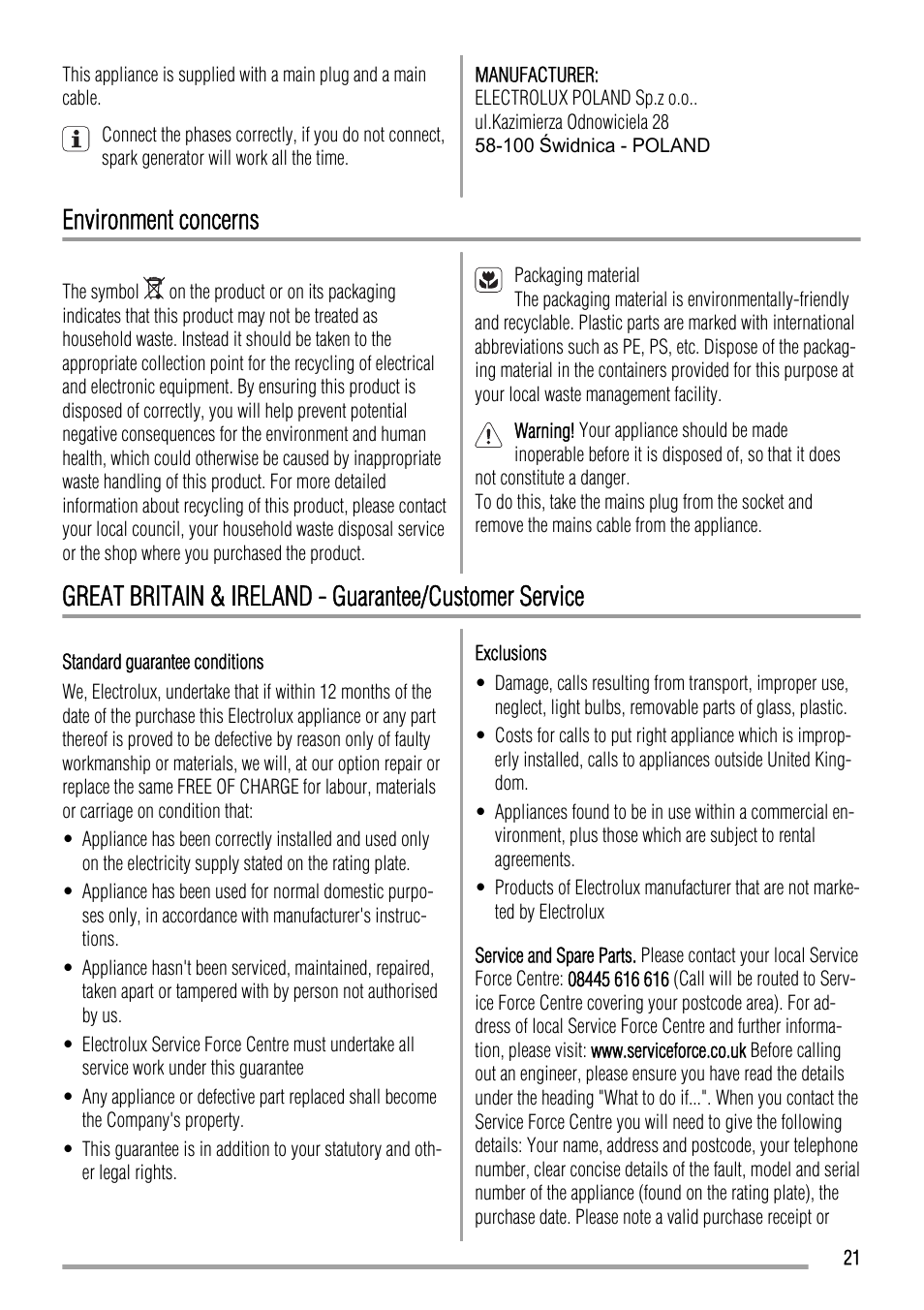 Environment concerns | Zanussi ZCG661 User Manual | Page 21 / 24