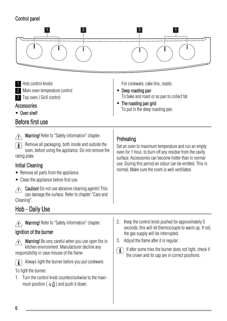 Before first use, Hob - daily use | Zanussi ZCG661 User Manual | Page 6 / 24