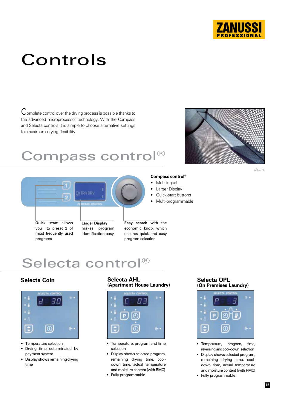 Controls, Compass control, Selecta control | Zanussi Clothes Dryer User Manual | Page 15 / 20