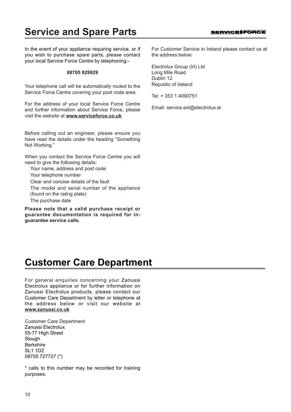 Service and spare parts customer care department | Zanussi ZEF 100 W User Manual | Page 10 / 16