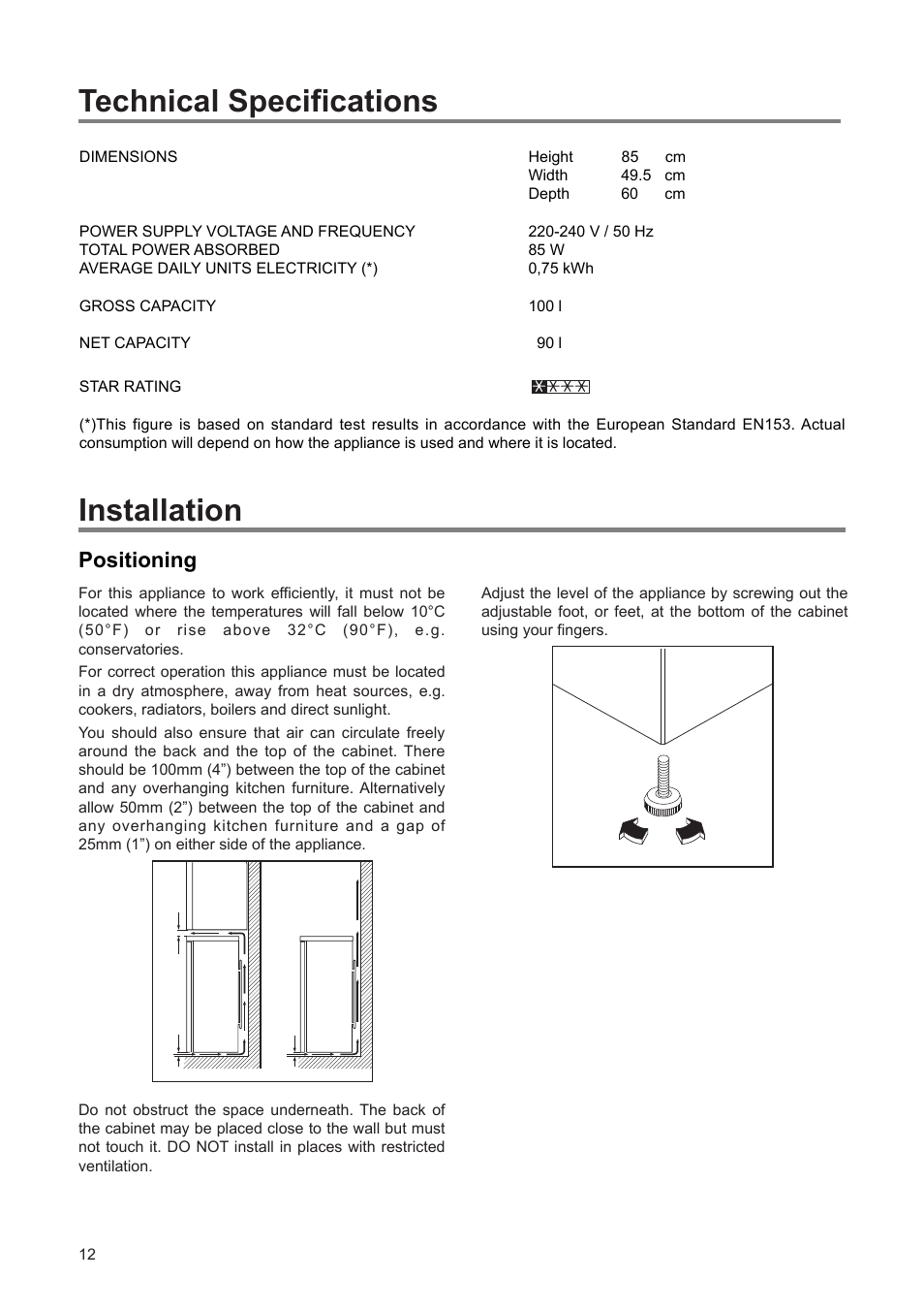 Installation, Technical specifications, Positioning | Zanussi ZEF 100 W User Manual | Page 12 / 16