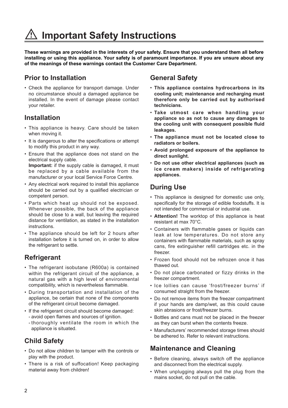Important safety instructions, General safety, During use | Maintenance and cleaning, Prior to installation, Installation, Refrigerant, Child safety | Zanussi ZEF 100 W User Manual | Page 2 / 16