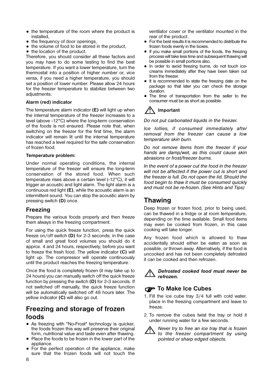 Freezing and storage of frozen foods, Thawing | Zanussi ZUF 105W User Manual | Page 8 / 20