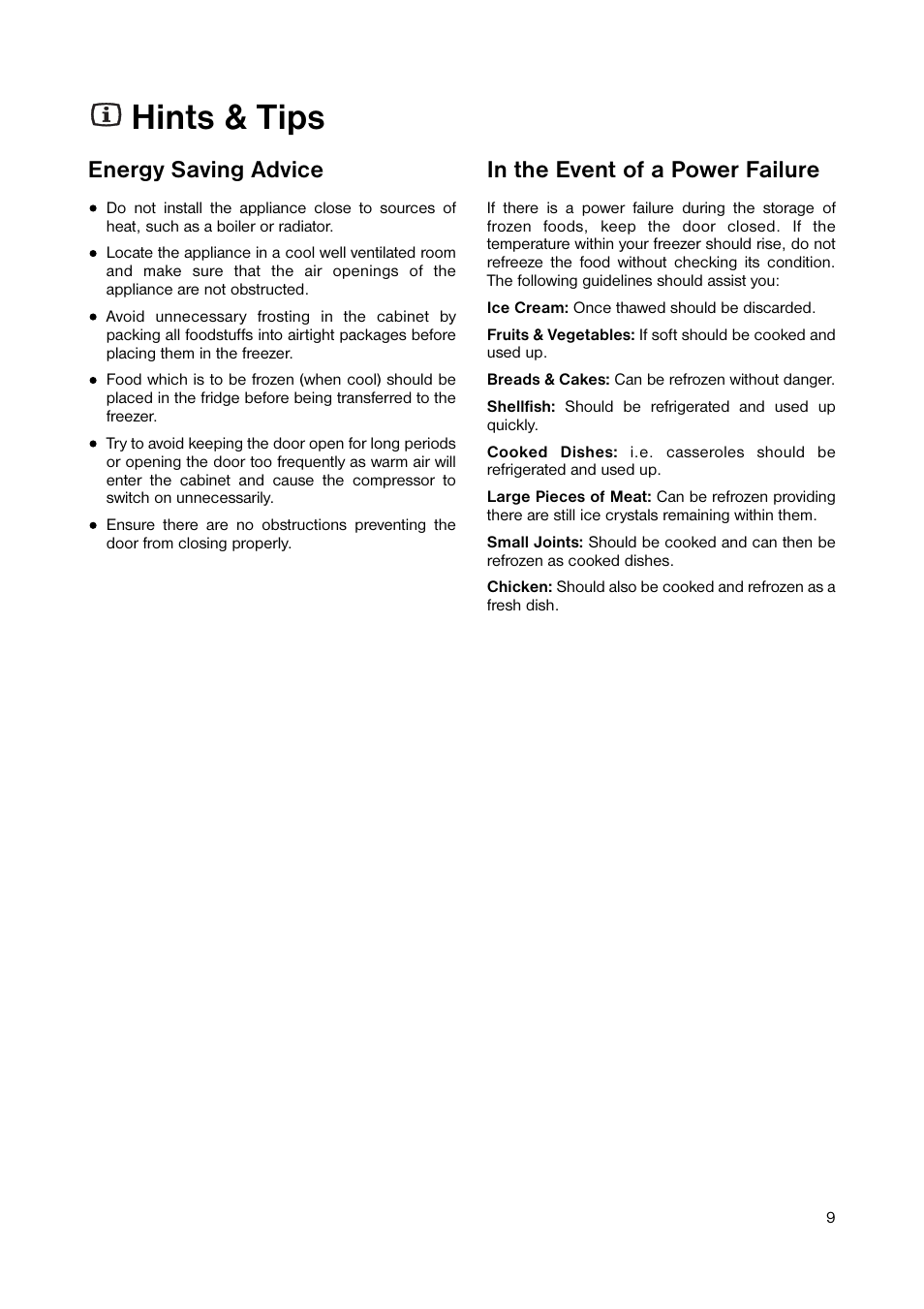 Hints & tips, Energy saving advice | Zanussi ZUF 105W User Manual | Page 9 / 20