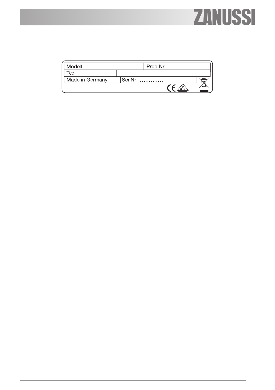 Rating plate | Zanussi ZVH 66 F User Manual | Page 25 / 28
