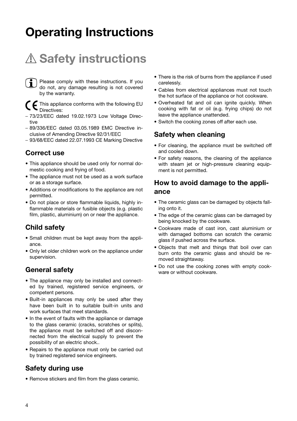 Operating instructions 1 safety instructions 3, Correct use, Child safety | General safety, Safety during use, Safety when cleaning, How to avoid damage to the appli- ance | Zanussi ZKL64 X User Manual | Page 4 / 20