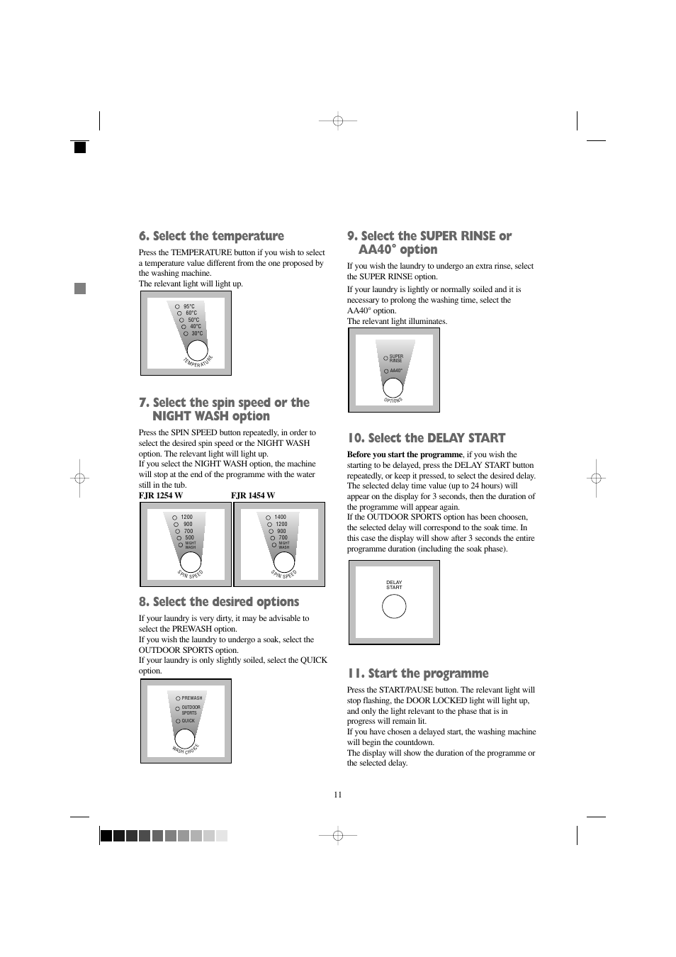 Select the temperature, Select the spin speed or the night wash option, Select the desired options | Select the super rinse or aa40° option, Select the delay start, Start the programme | Zanussi FJR 1454 W User Manual | Page 11 / 27