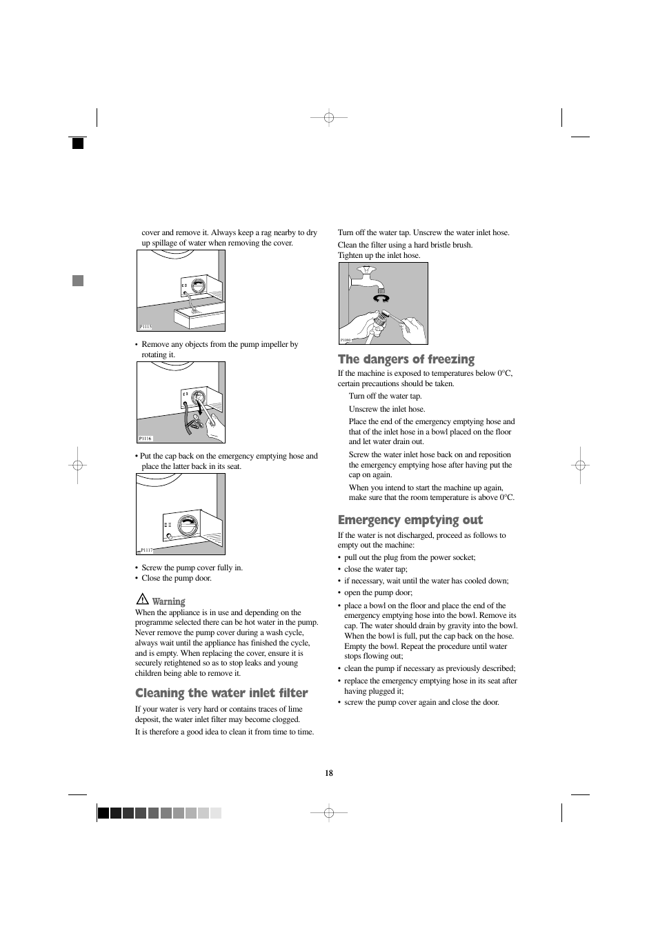 Cleaning the water inlet filter, The dangers of freezing, Emergency emptying out | Zanussi FJR 1454 W User Manual | Page 18 / 27