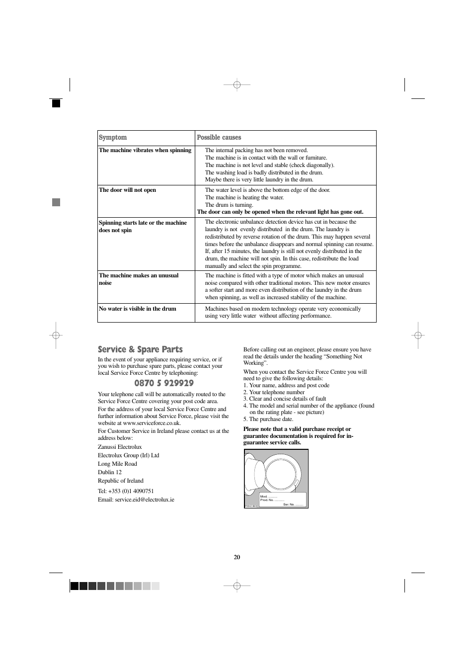 Service & spare parts | Zanussi FJR 1454 W User Manual | Page 20 / 27