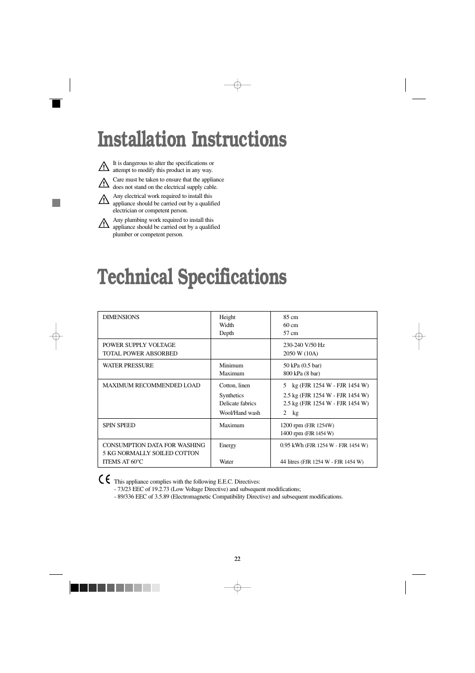 Installation instructions technical specifications | Zanussi FJR 1454 W User Manual | Page 22 / 27