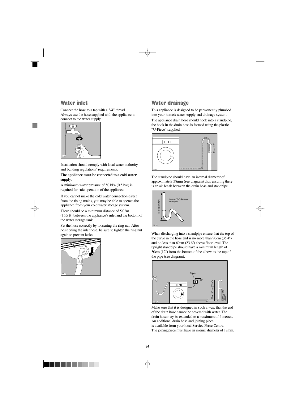 Water inlet, Water drainage | Zanussi FJR 1454 W User Manual | Page 24 / 27