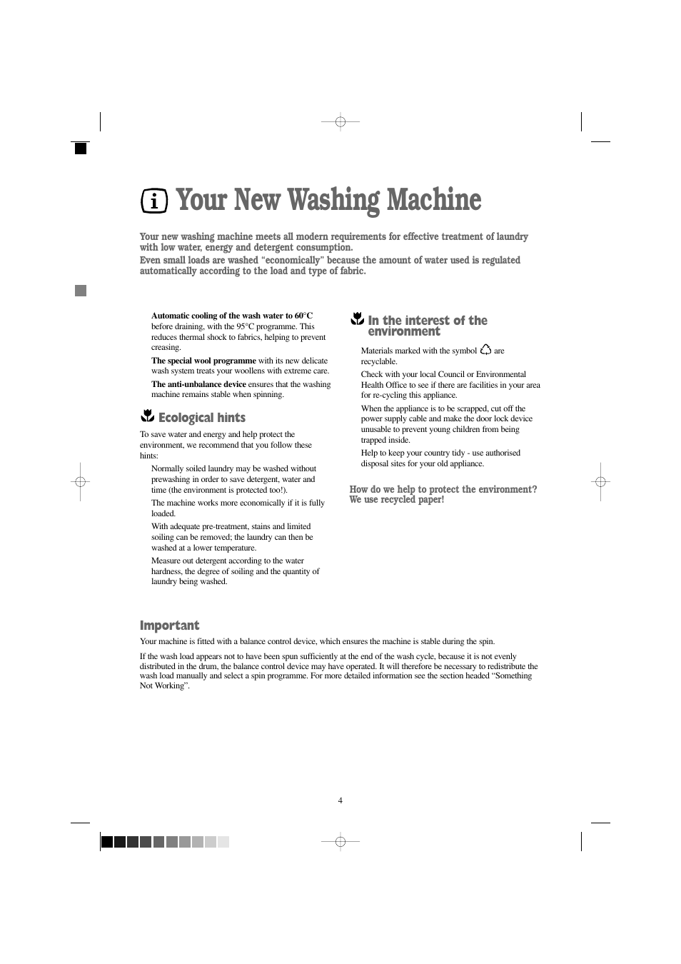 Your new washing machine, Ecological hints, Important | Zanussi FJR 1454 W User Manual | Page 4 / 27