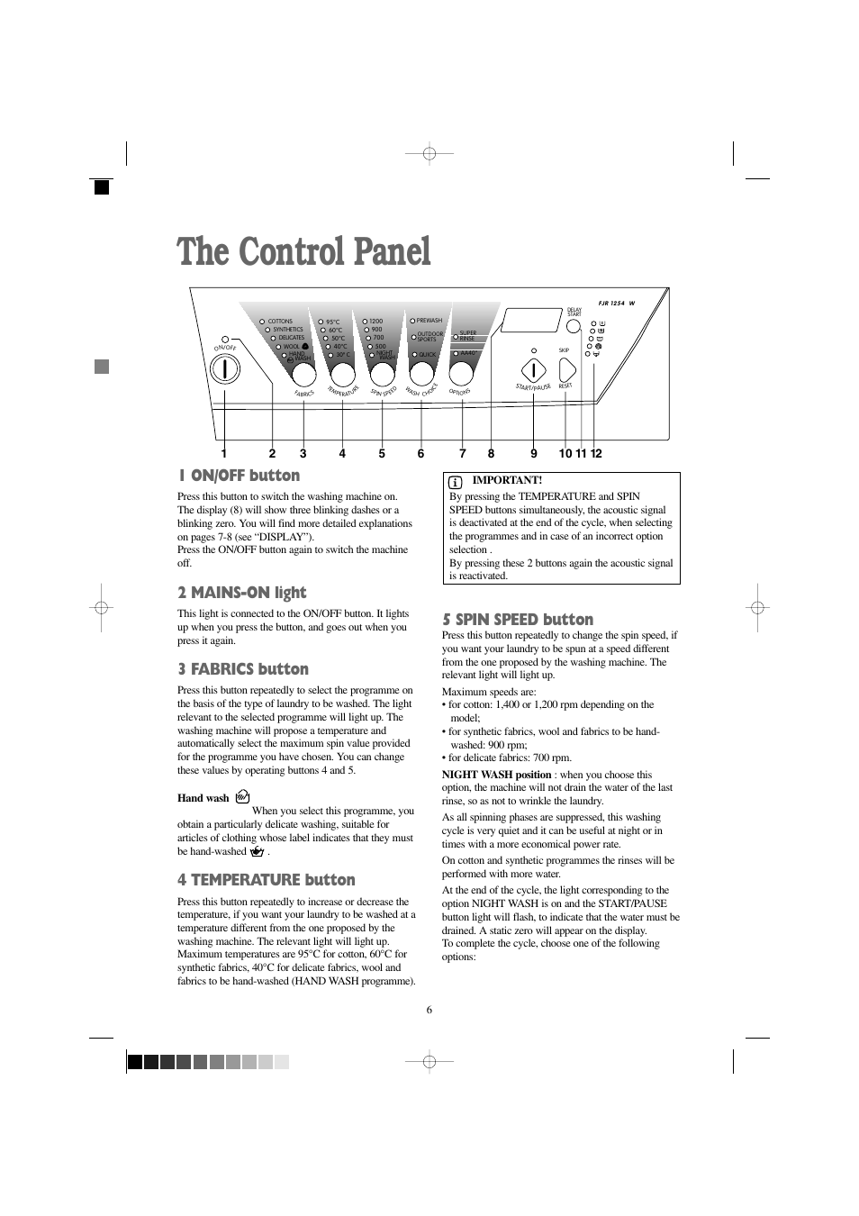 The control panel, 1 on/off button, 2 mains-on light | 3 fabrics button, 4 temperature button, 5 spin speed button | Zanussi FJR 1454 W User Manual | Page 6 / 27