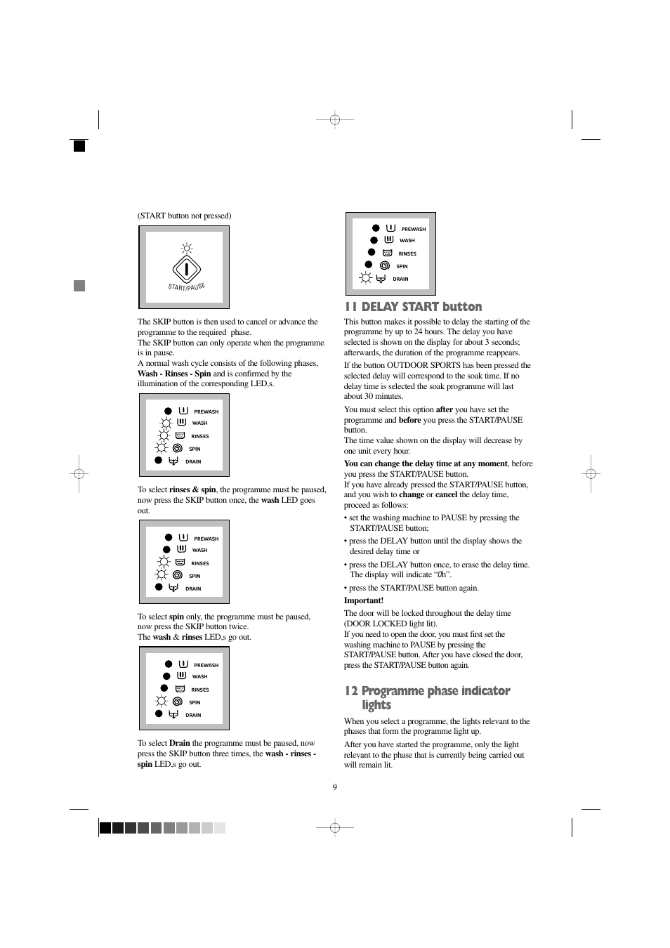 11 delay start button, 12 programme phase indicator lights | Zanussi FJR 1454 W User Manual | Page 9 / 27