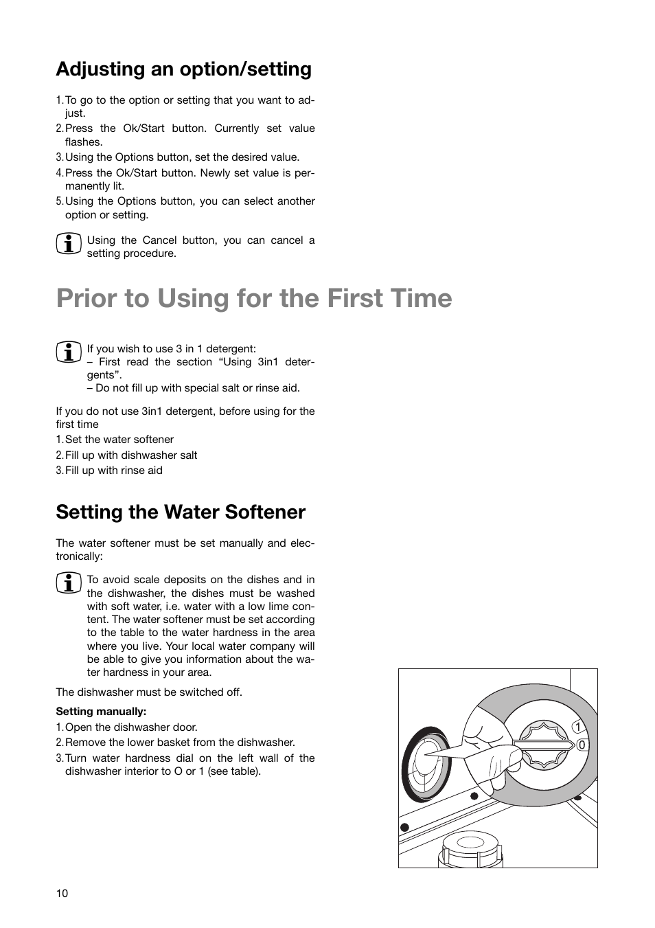 Prior to using for the first time 3, Adjusting an option/setting, Setting the water softener | Zanussi ZSF 6280 User Manual | Page 10 / 44