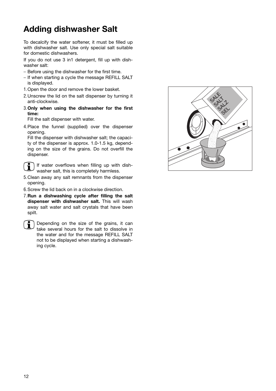 Adding dishwasher salt | Zanussi ZSF 6280 User Manual | Page 12 / 44