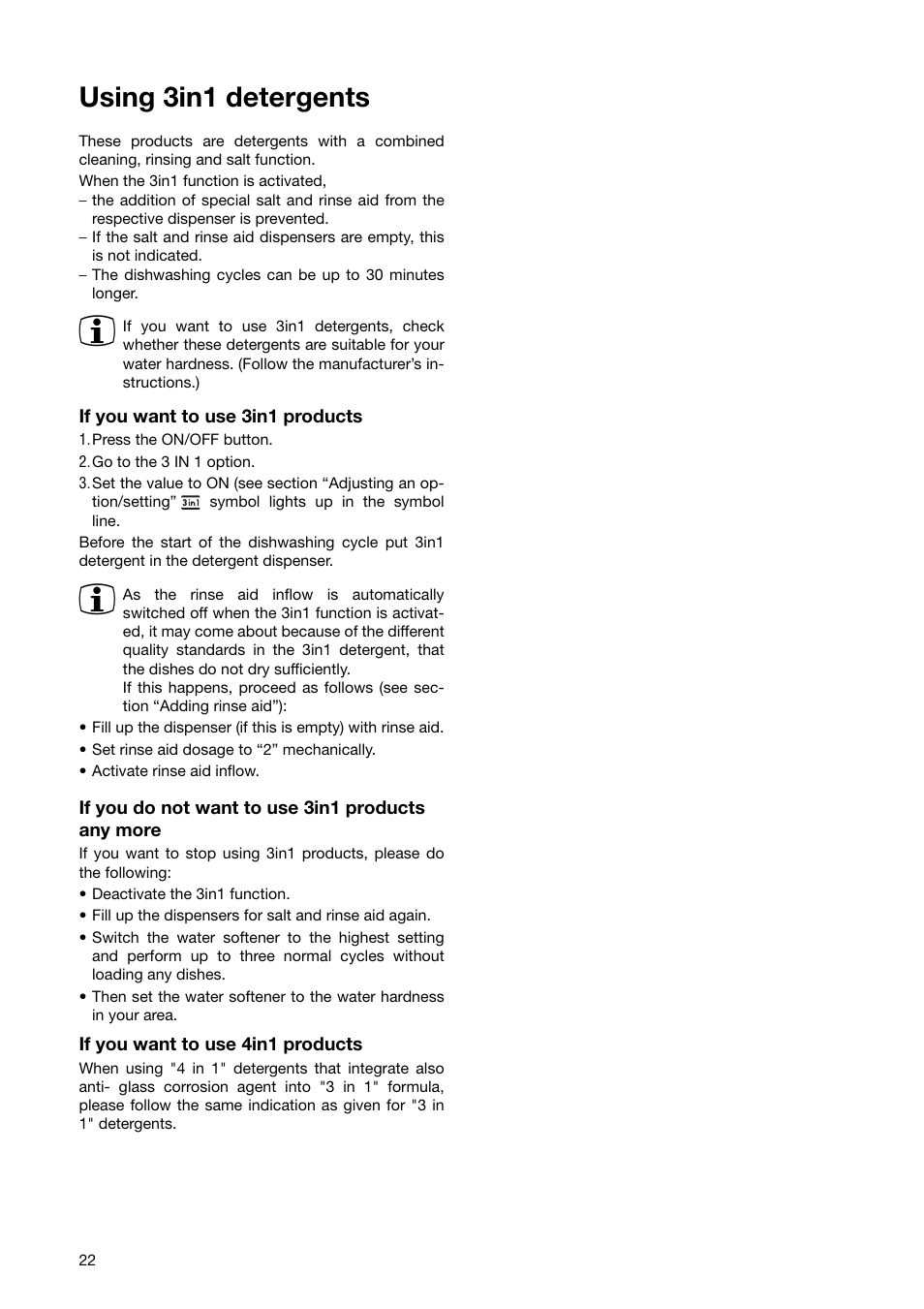 Using 3in1 detergents | Zanussi ZSF 6280 User Manual | Page 22 / 44