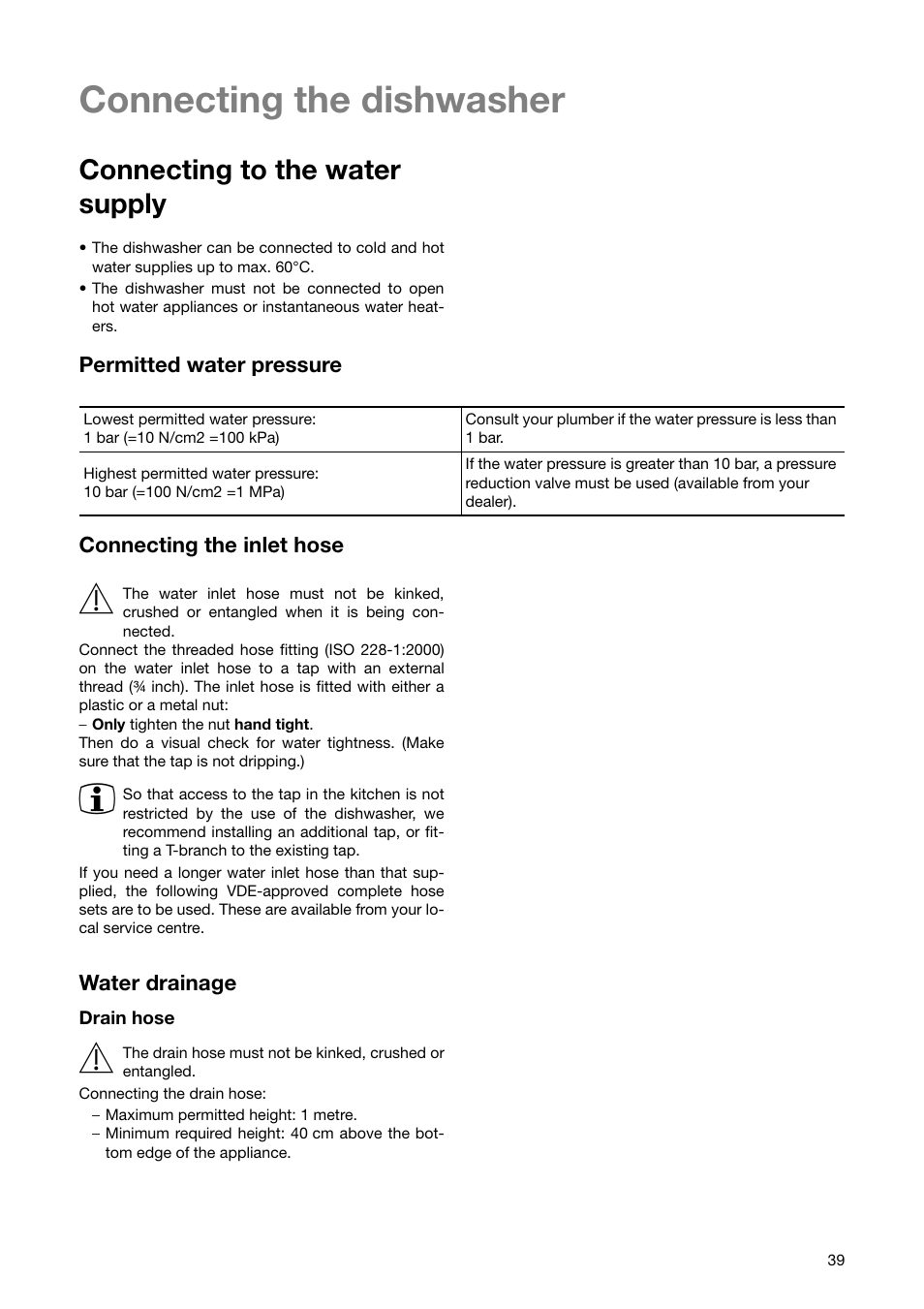 Connecting the dishwasher, Connecting to the water supply | Zanussi ZSF 6280 User Manual | Page 39 / 44