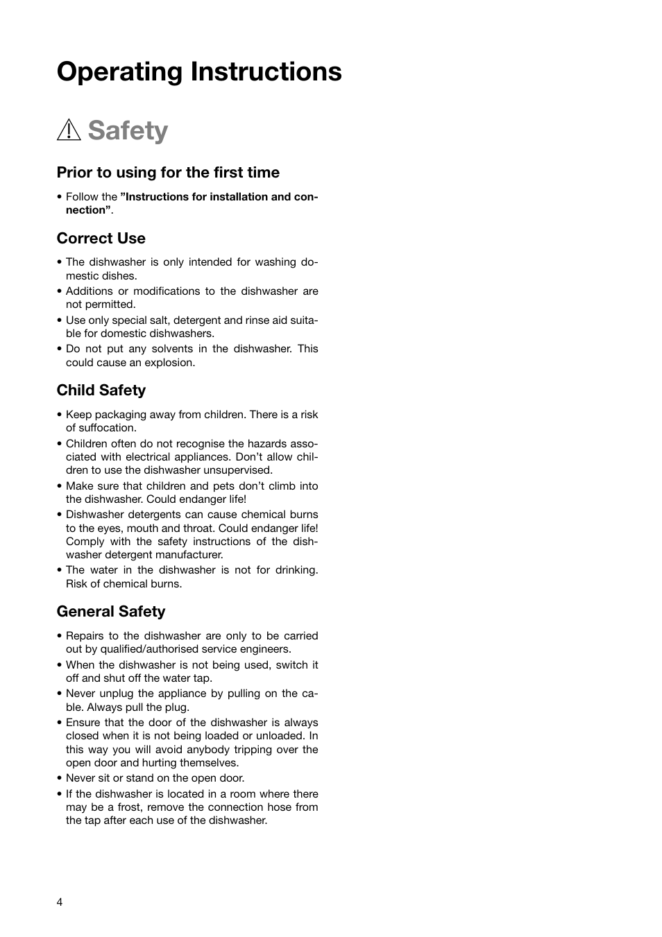 Operating instructions 1 safety, Prior to using for the first time, Correct use | Child safety, General safety | Zanussi ZSF 6280 User Manual | Page 4 / 44