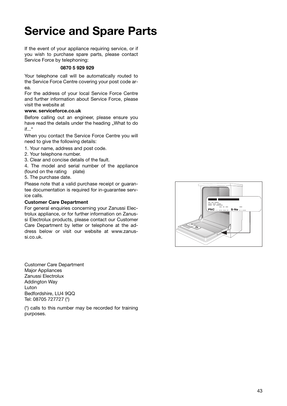 Service and spare parts | Zanussi ZSF 6280 User Manual | Page 43 / 44
