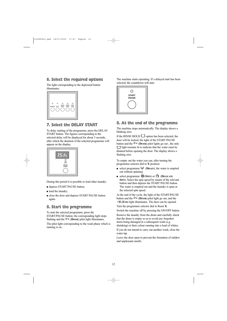 Select the required options, Select the delay start, Start the programme | At the end of the programme | Zanussi 132985450 User Manual | Page 12 / 30