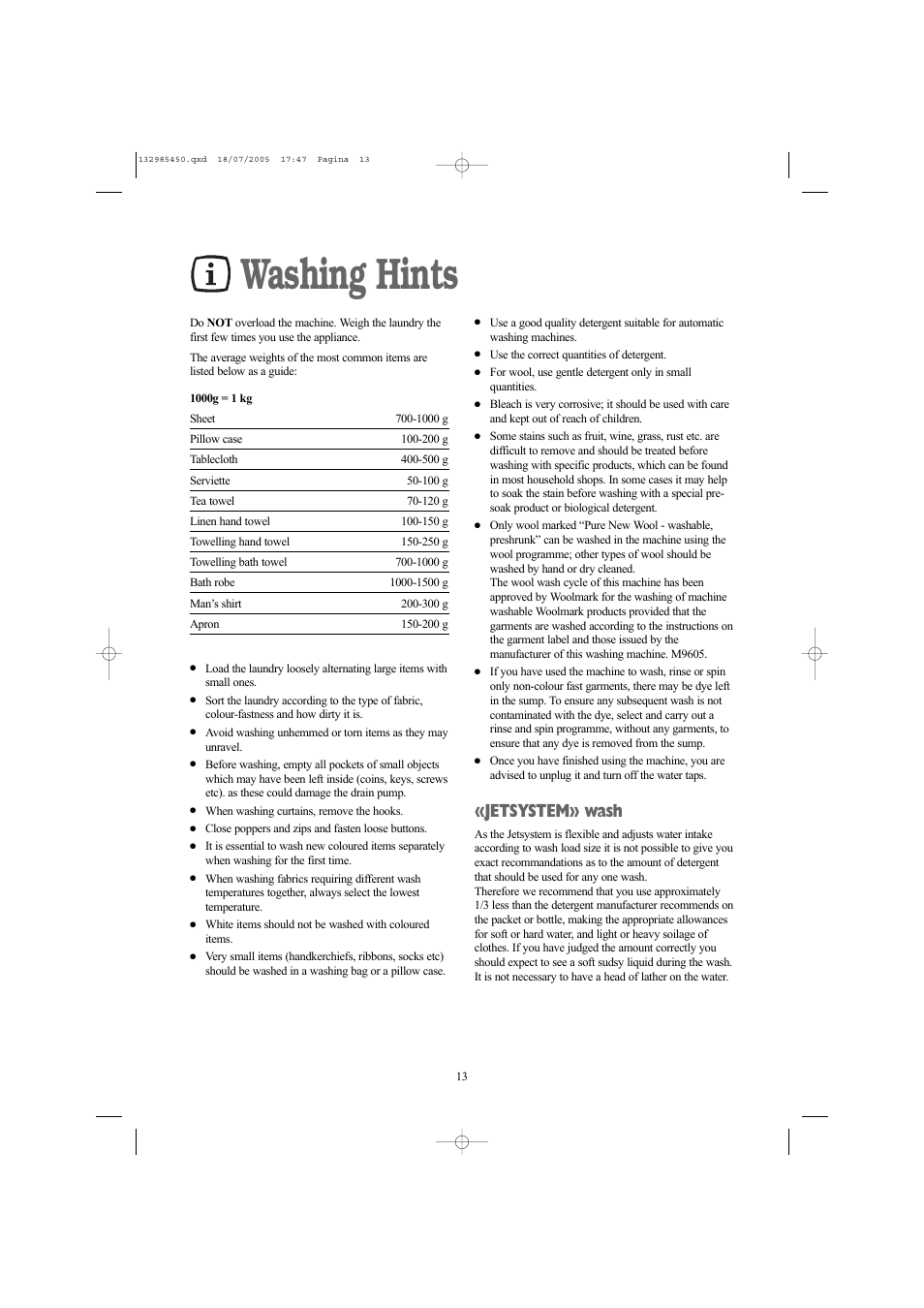 Washing hints, Jetsystem» wash | Zanussi 132985450 User Manual | Page 13 / 30