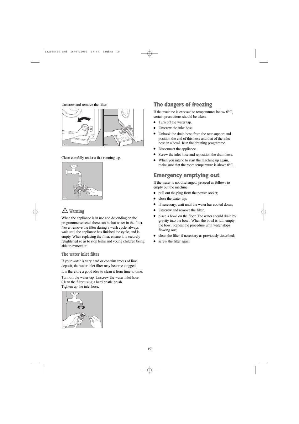 The dangers of freezing, Emergency emptying out, Warning | The water inlet filter | Zanussi 132985450 User Manual | Page 19 / 30