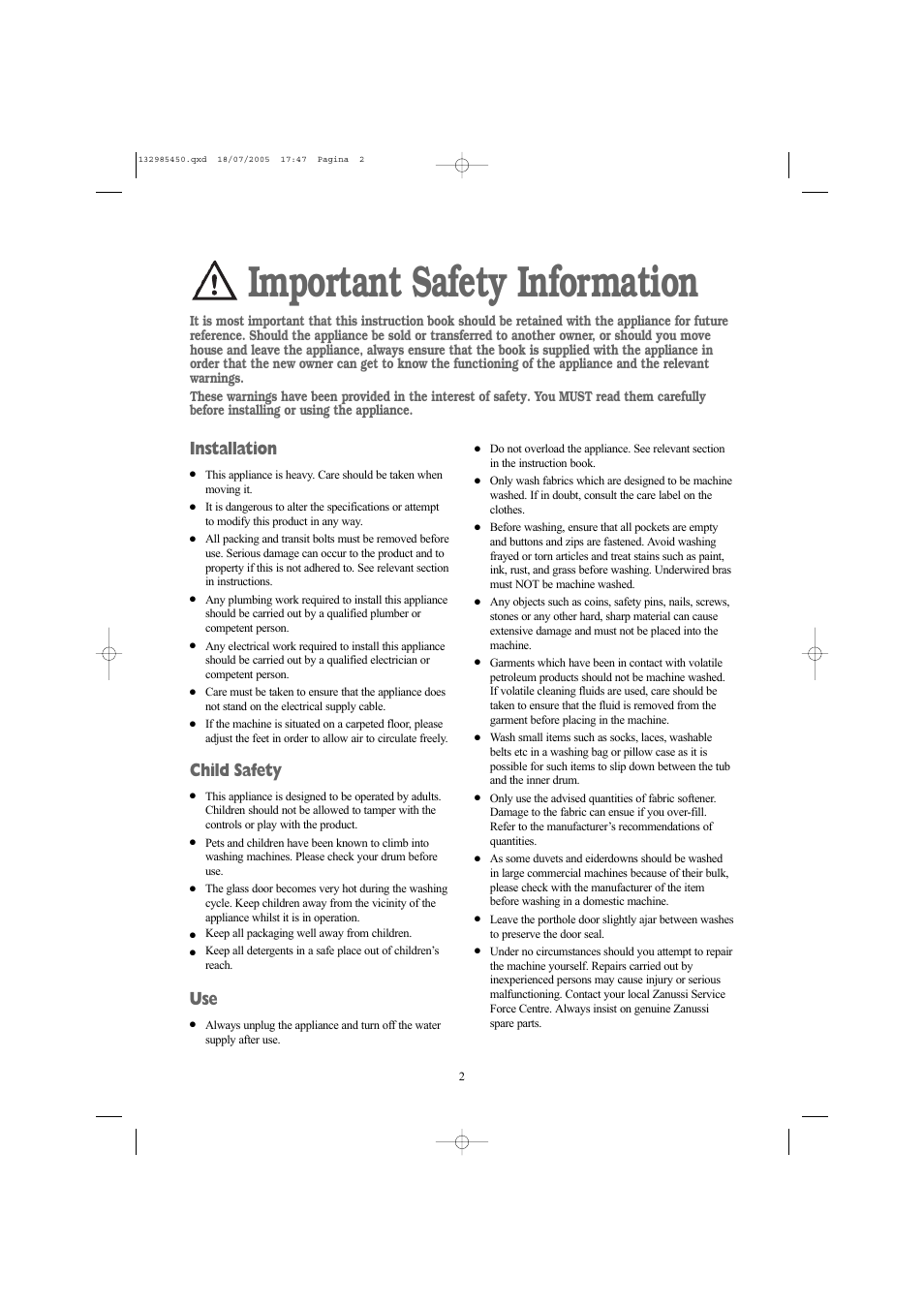 Important safety information, Installation, Child safety | Zanussi 132985450 User Manual | Page 2 / 30