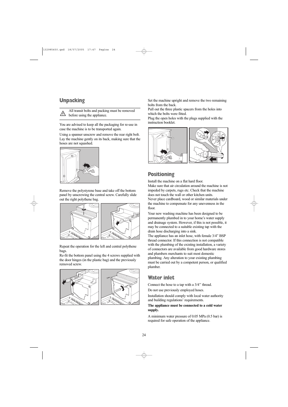 Unpacking, Positioning, Water inlet | Zanussi 132985450 User Manual | Page 24 / 30