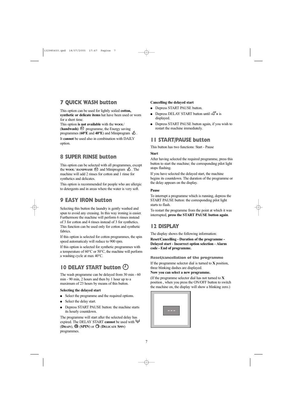 7 quick wash button, 8 super rinse button, 9 easy iron button | 10 delay start button, 11 start/pause button, 12 display | Zanussi 132985450 User Manual | Page 7 / 30