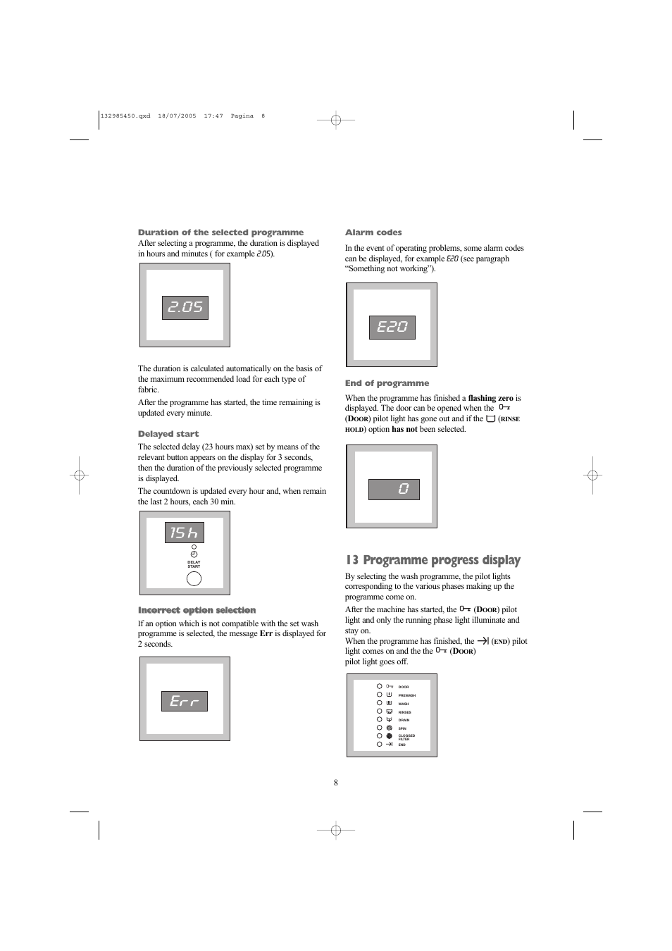 0e20, 13 programme progress display | Zanussi 132985450 User Manual | Page 8 / 30