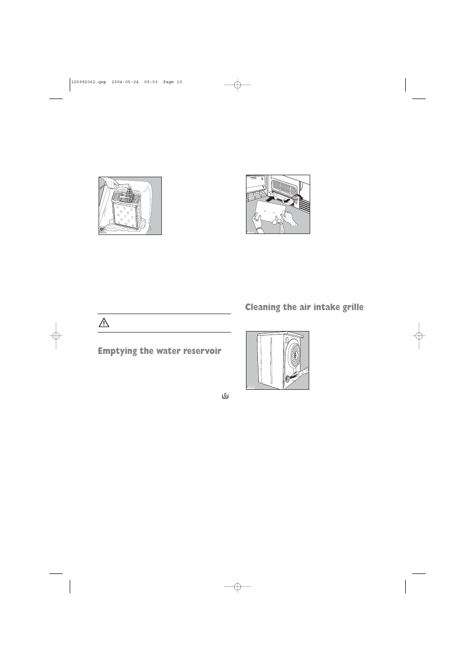 Emptying the water reservoir, Cleaning the air intake grille | Zanussi TC 7102 W User Manual | Page 10 / 16