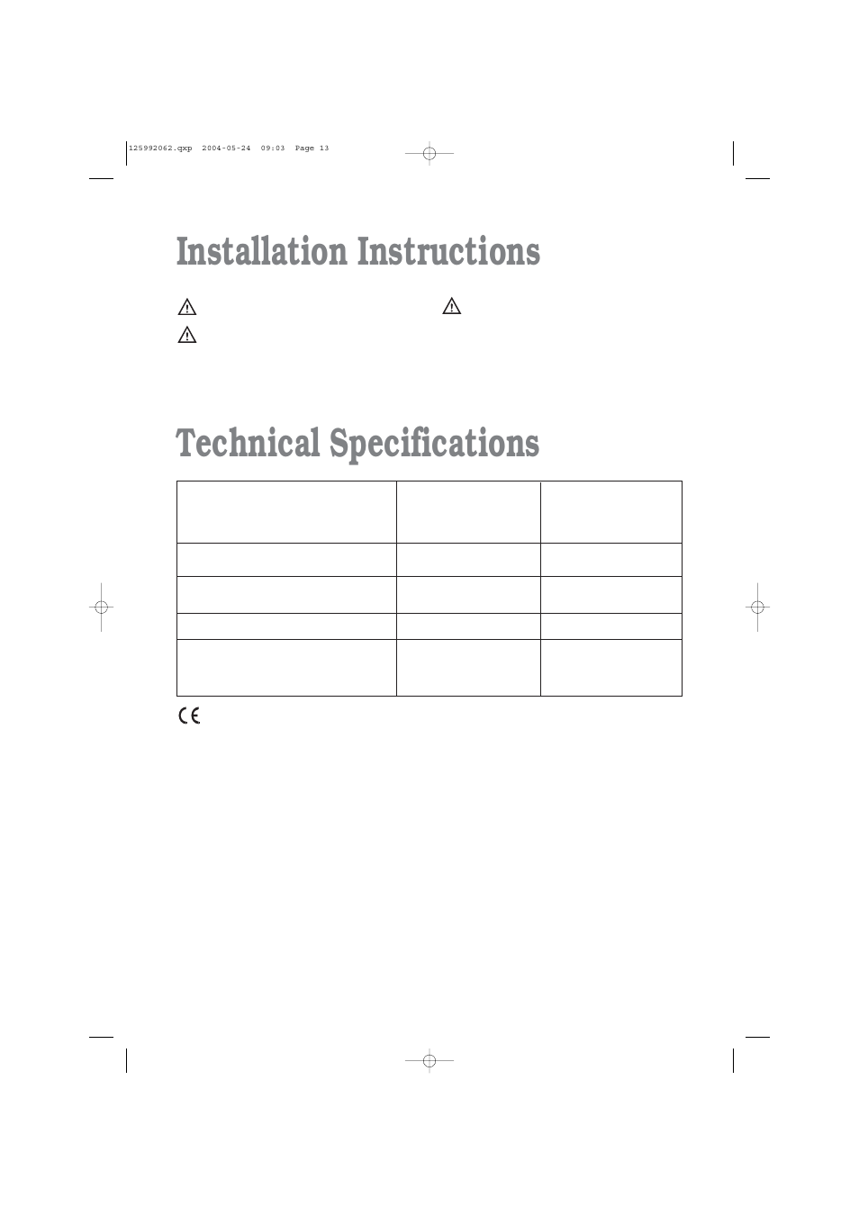 Installation instructions technical specifications | Zanussi TC 7102 W User Manual | Page 13 / 16