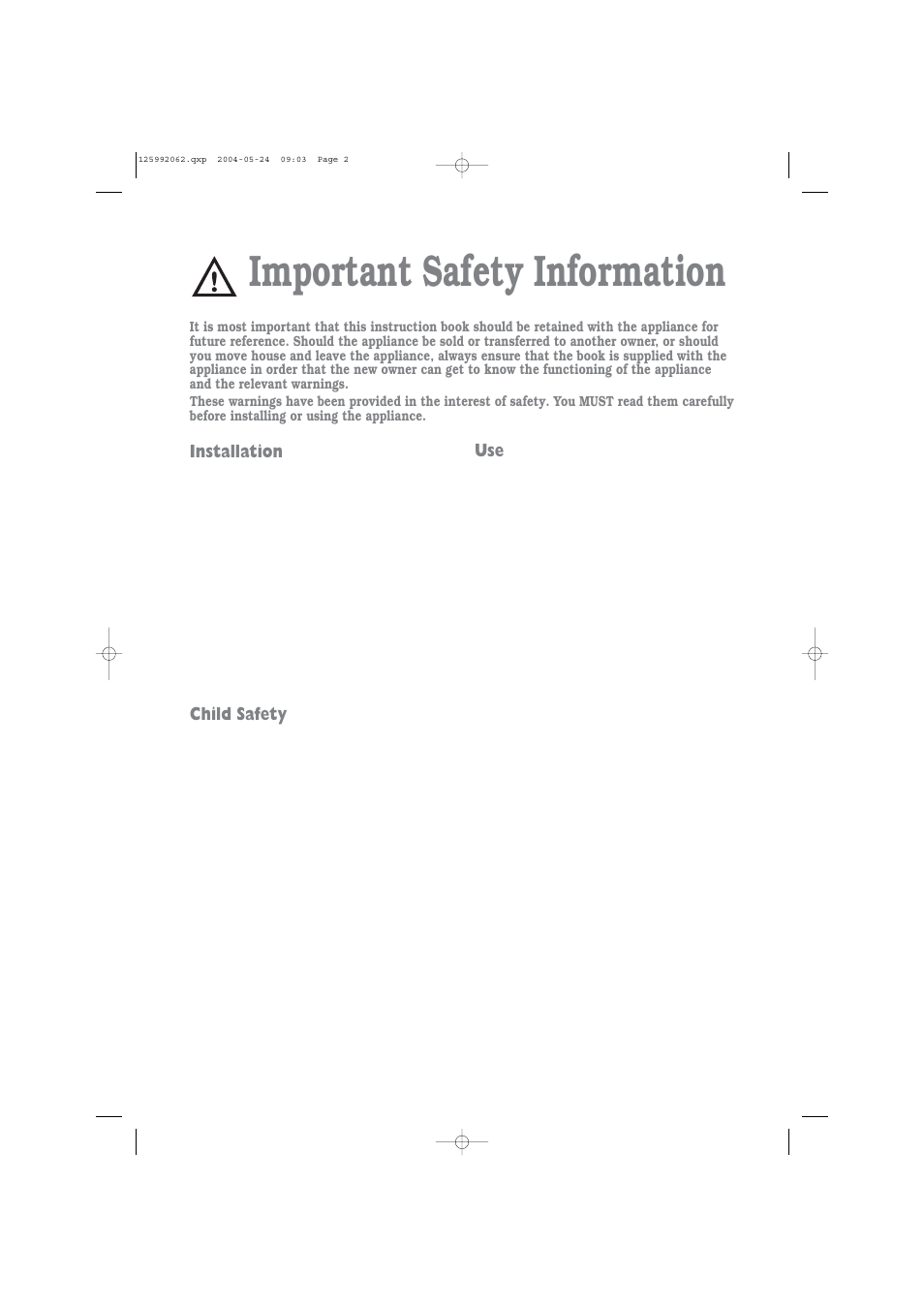 Important safety information, Installation, Child safety | Zanussi TC 7102 W User Manual | Page 2 / 16