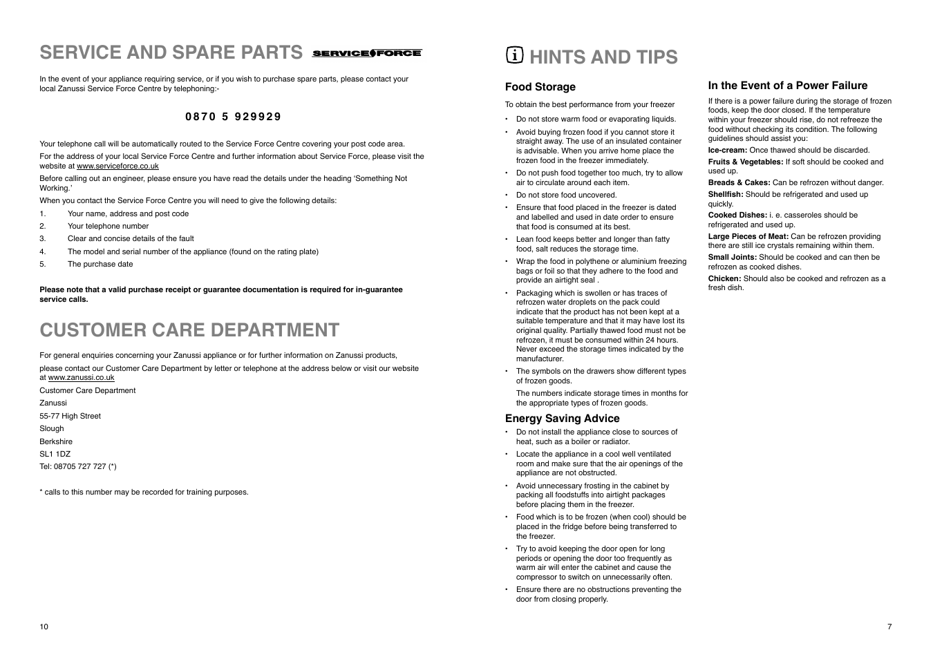 Hints and tips, Customer care department, Service and spare parts | Zanussi CZUF 145 W User Manual | Page 10 / 16