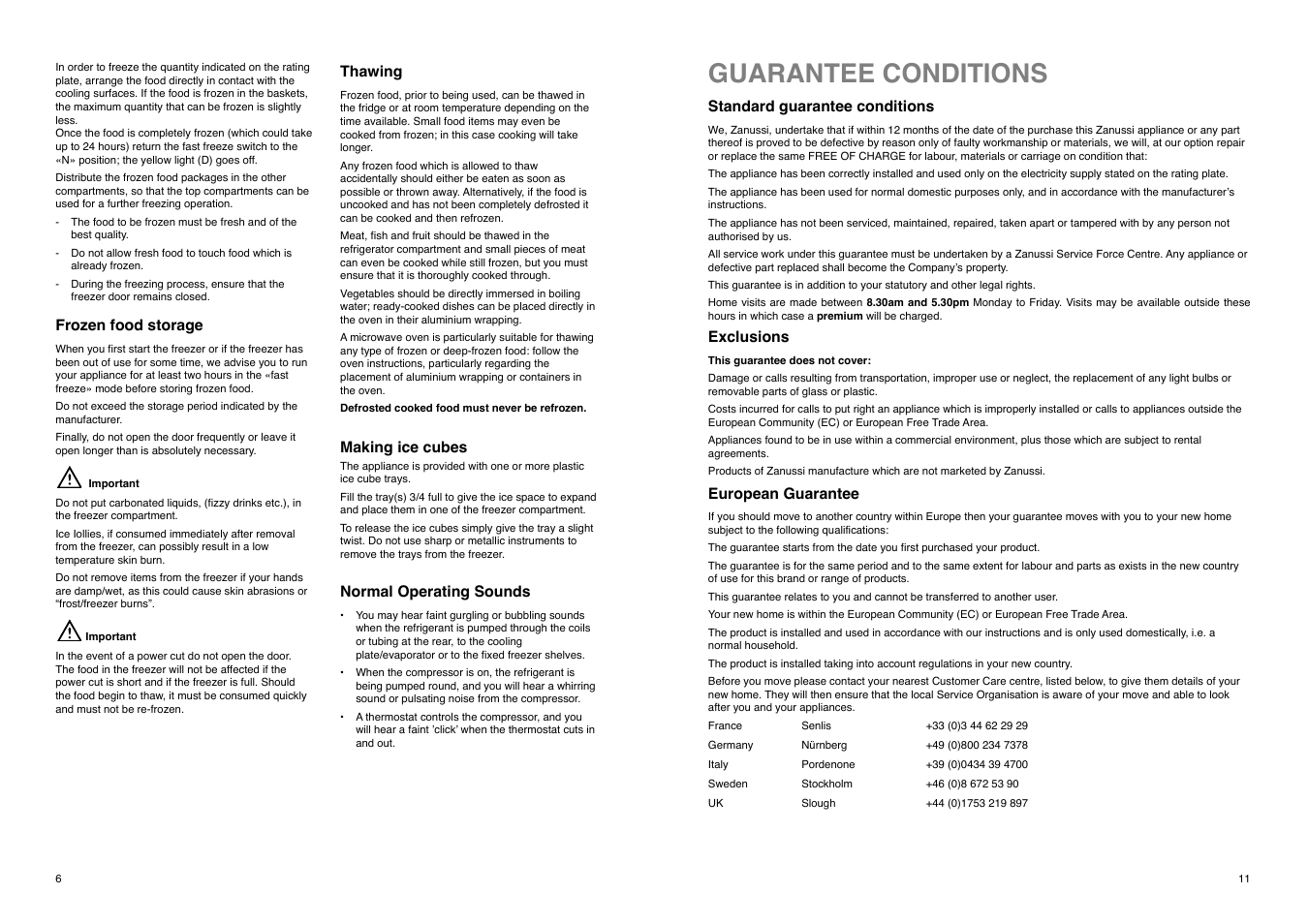 Guarantee conditions | Zanussi CZUF 145 W User Manual | Page 11 / 16