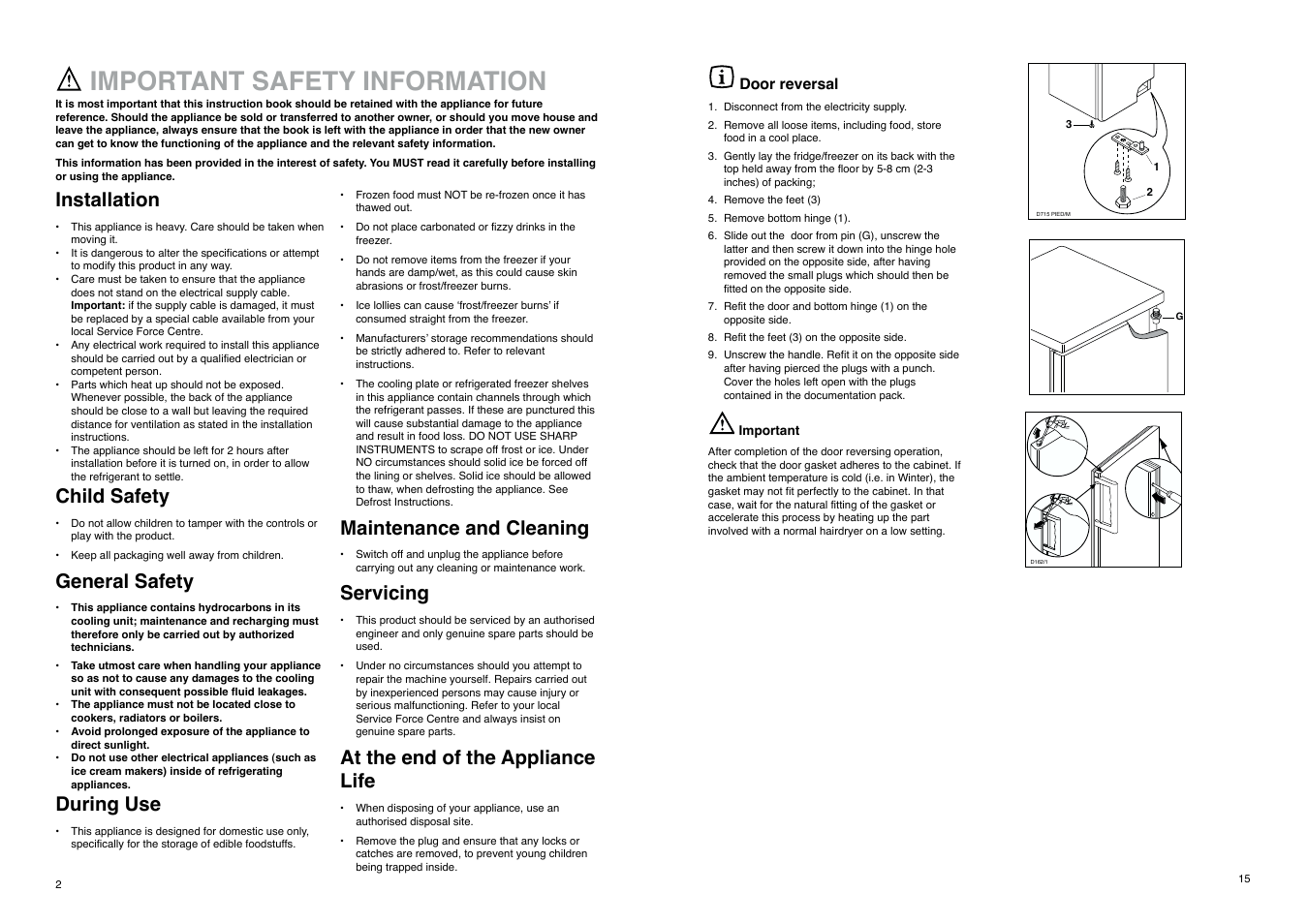 Important safety information, Installation, Child safety | General safety, During use, Maintenance and cleaning, Servicing, At the end of the appliance life | Zanussi CZUF 145 W User Manual | Page 2 / 16