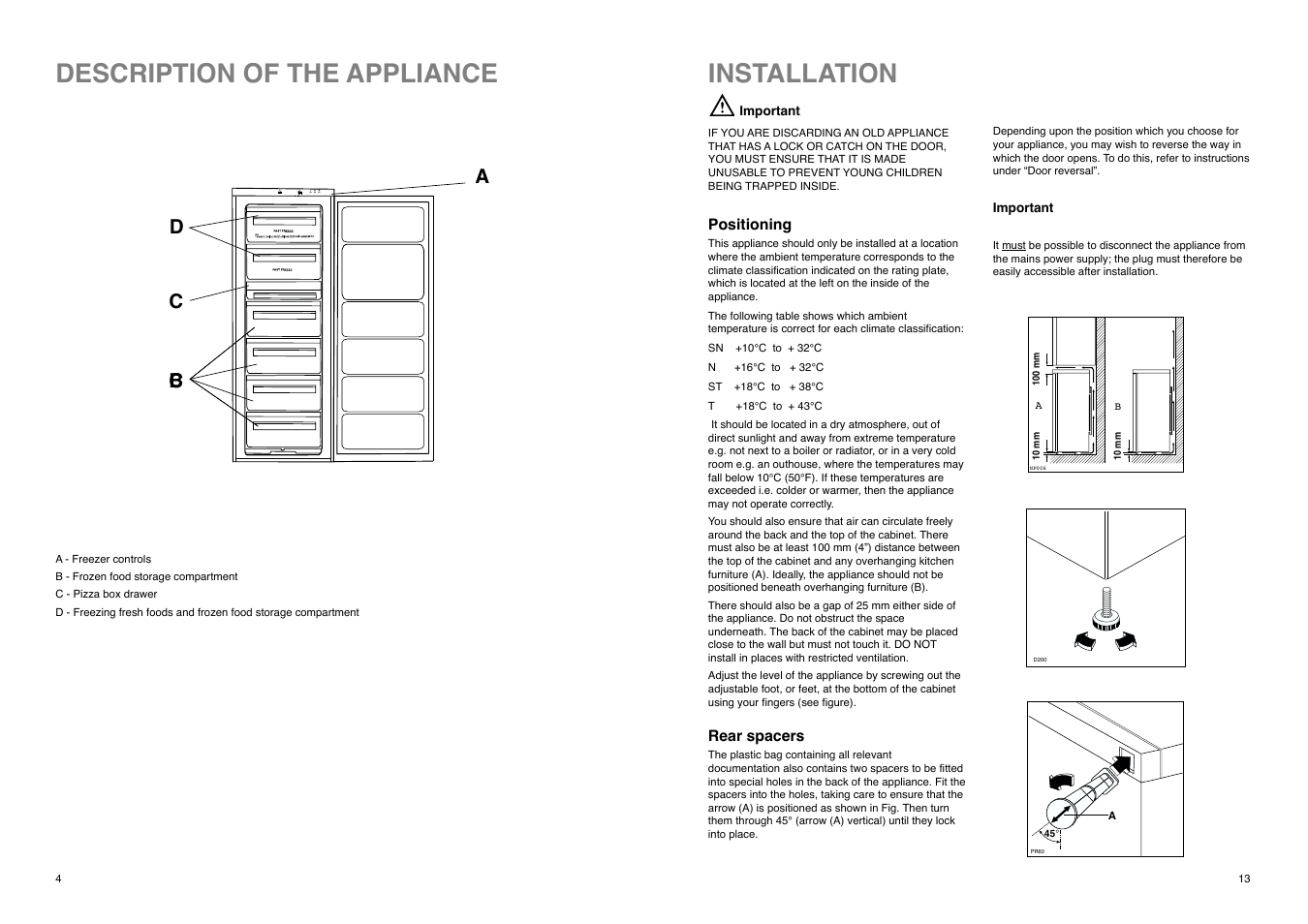 Description of the appliance, Installation | Zanussi CZUF 145 W User Manual | Page 4 / 16