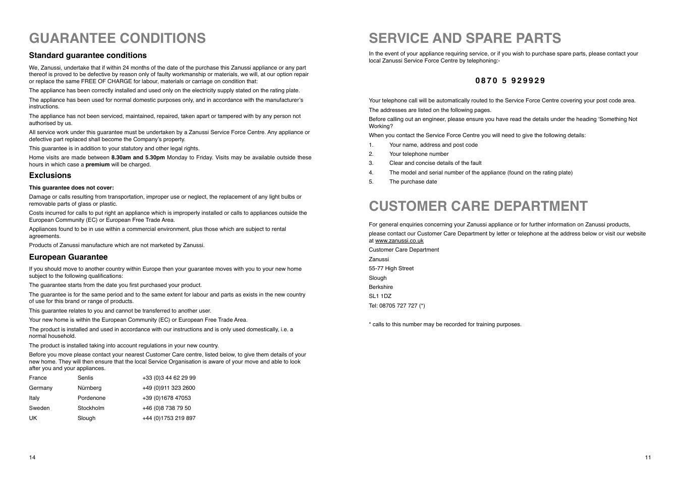 Service and spare parts customer care department, Guarantee conditions | Zanussi 2222 119-57 ZI 9121 F User Manual | Page 11 / 24