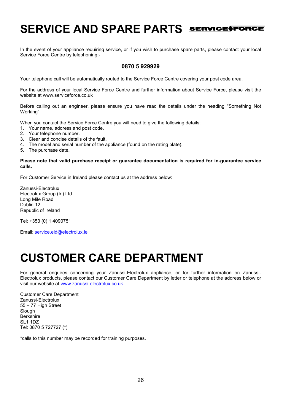 Service and spare parts, Customer care department | Zanussi ZCM 8021 User Manual | Page 26 / 40