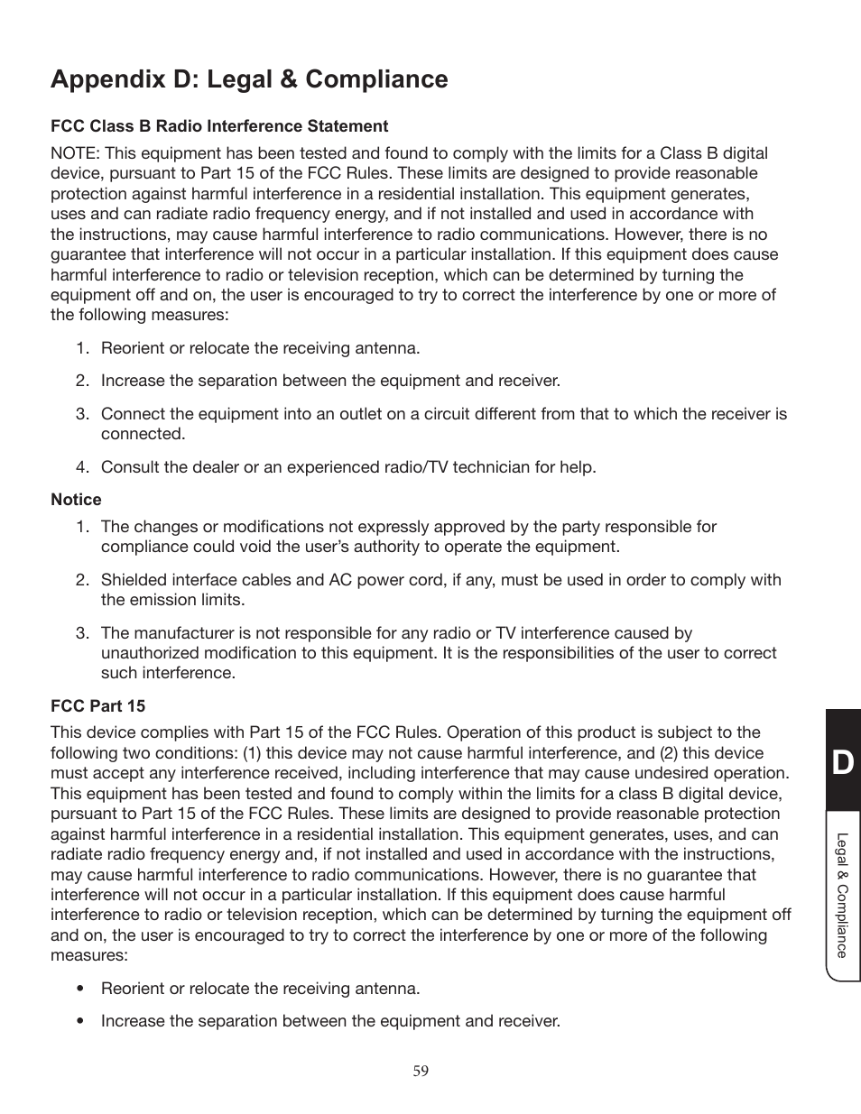 Appendix d: legal & compliance | Zanussi VMB070 User Manual | Page 65 / 66