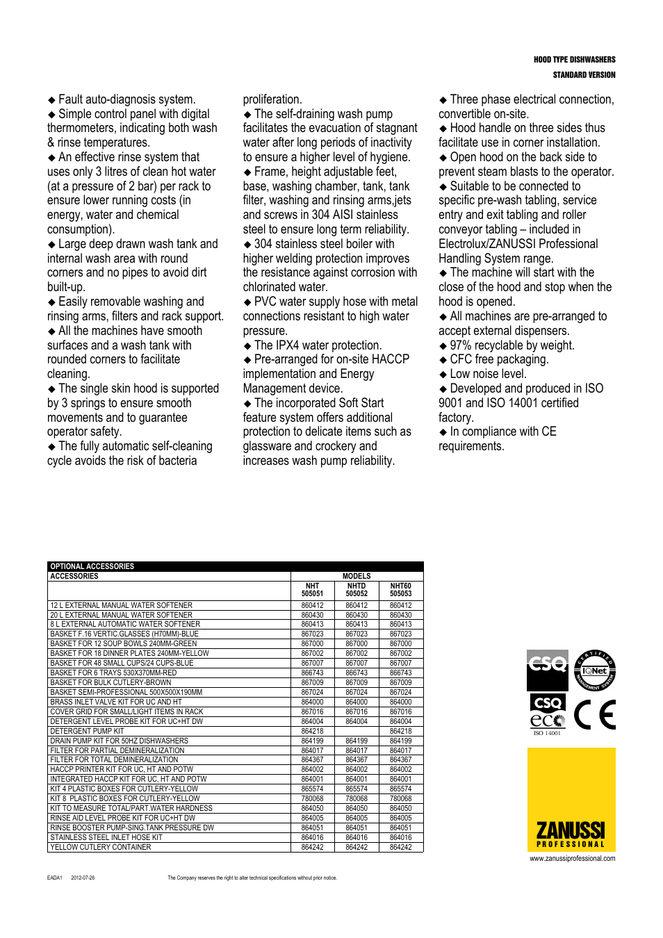 Zanussi, Fault auto-diagnosis system, The ipx4 water protection | 97% recyclable by weight, Cfc free packaging, Low noise level | Zanussi NHT User Manual | Page 2 / 3