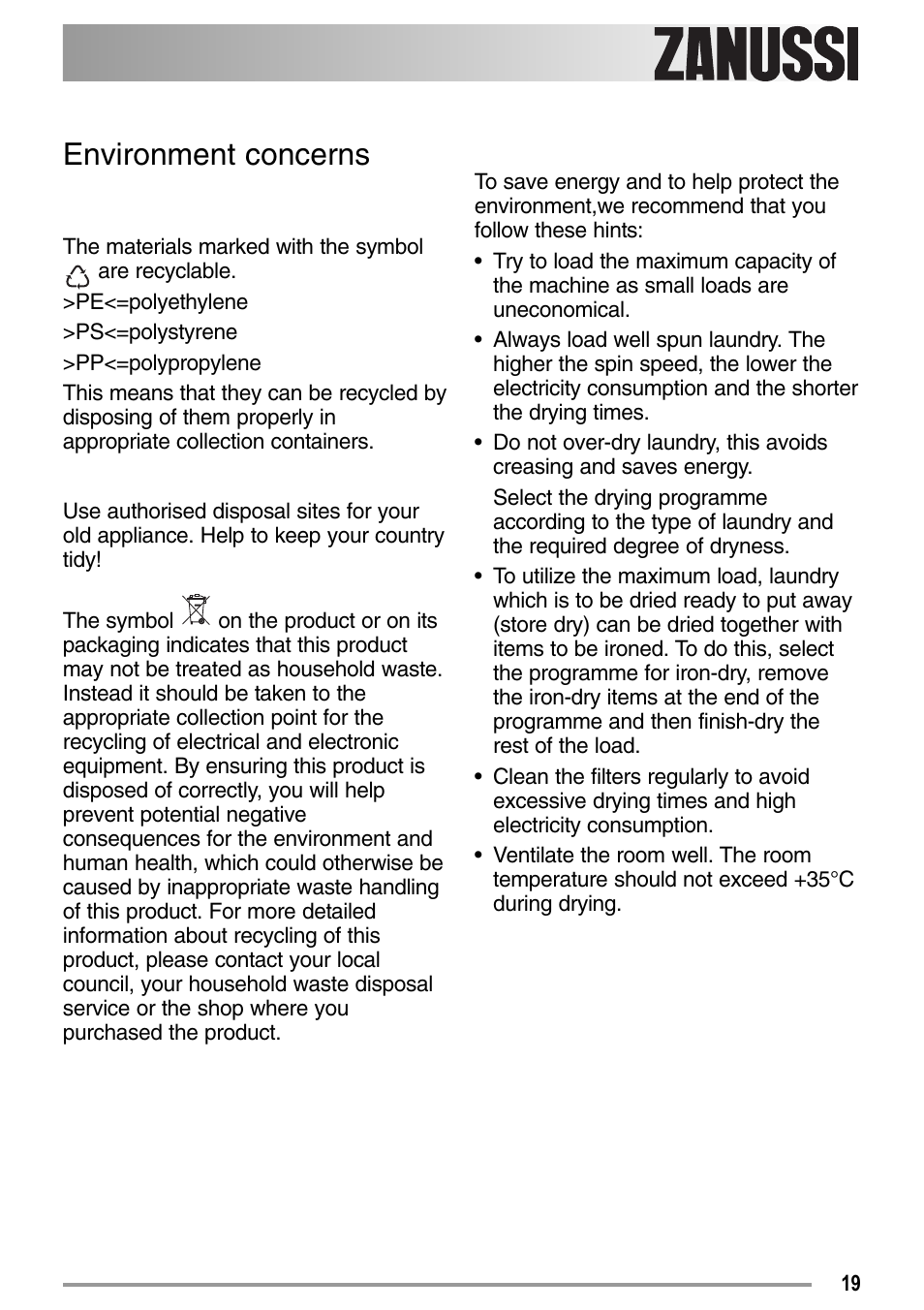Environment concerns | Zanussi 136905611-00-02092008 User Manual | Page 19 / 26