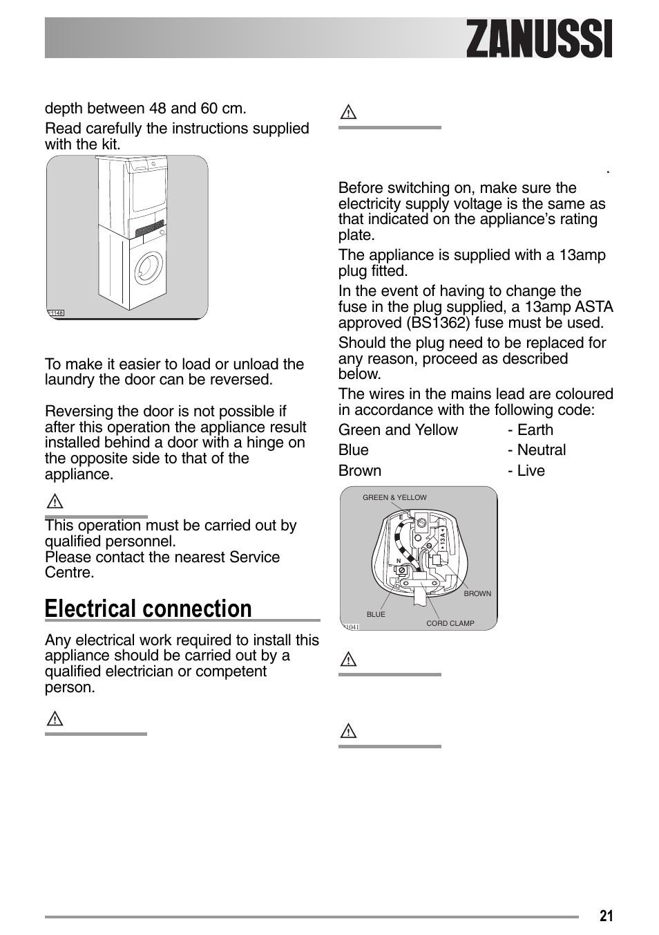 Electrical connection | Zanussi 136905611-00-02092008 User Manual | Page 21 / 26