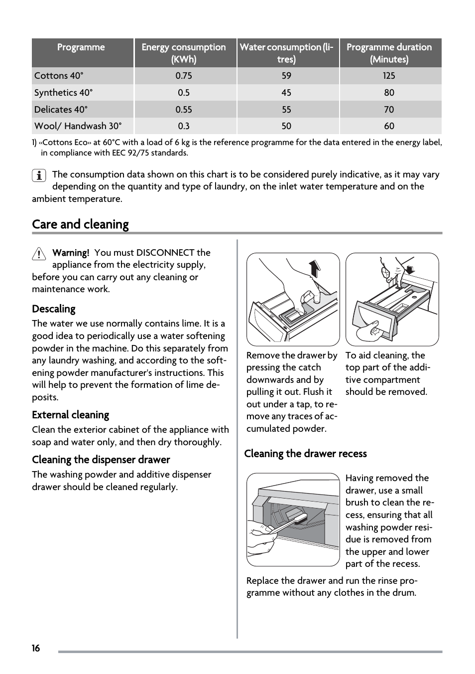 Care and cleaning | Zanussi ZWS 5883 User Manual | Page 16 / 24